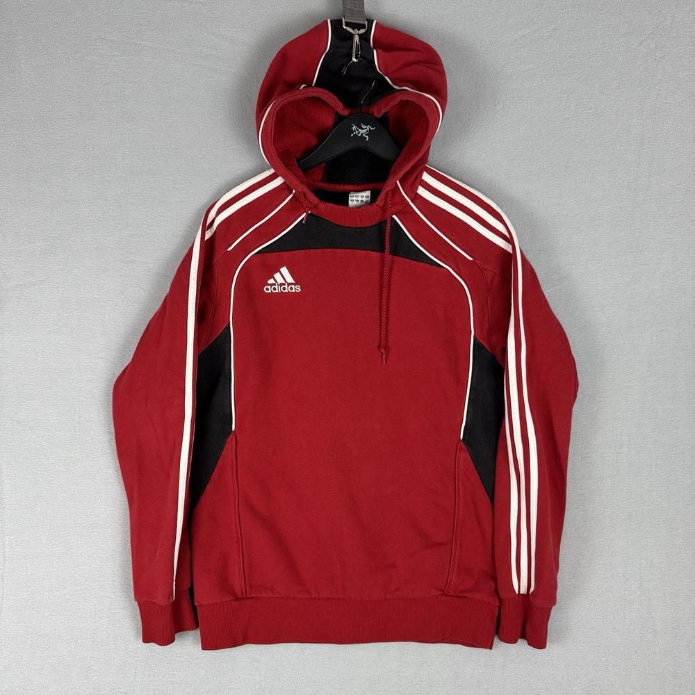 Vintage Adidas Hoodie Red Soccer Hooded Mens Medium 3 Stripe Y2K Warmup Outdoor